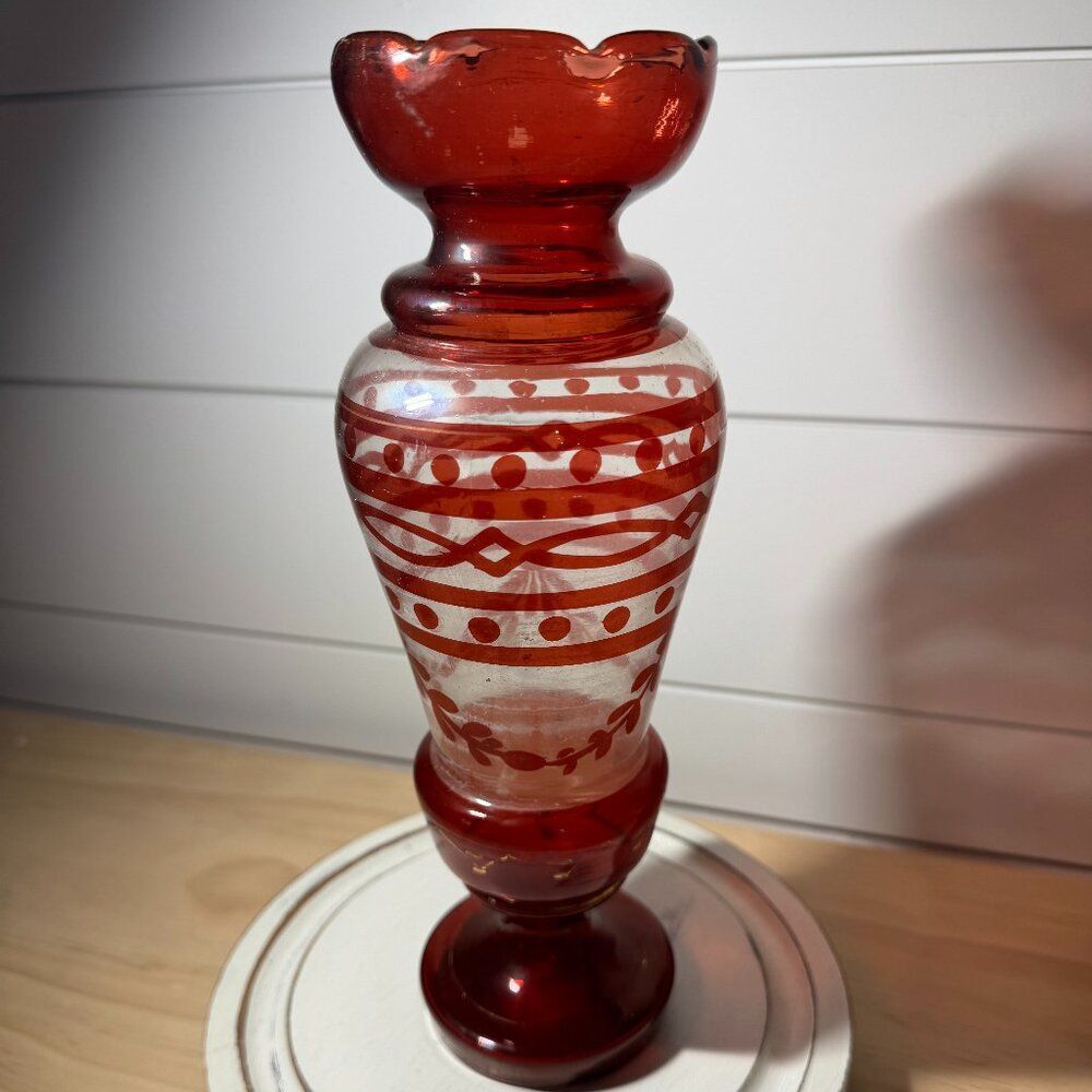 Antique Victorian Bristol Glass Red Flashed Vase Blown